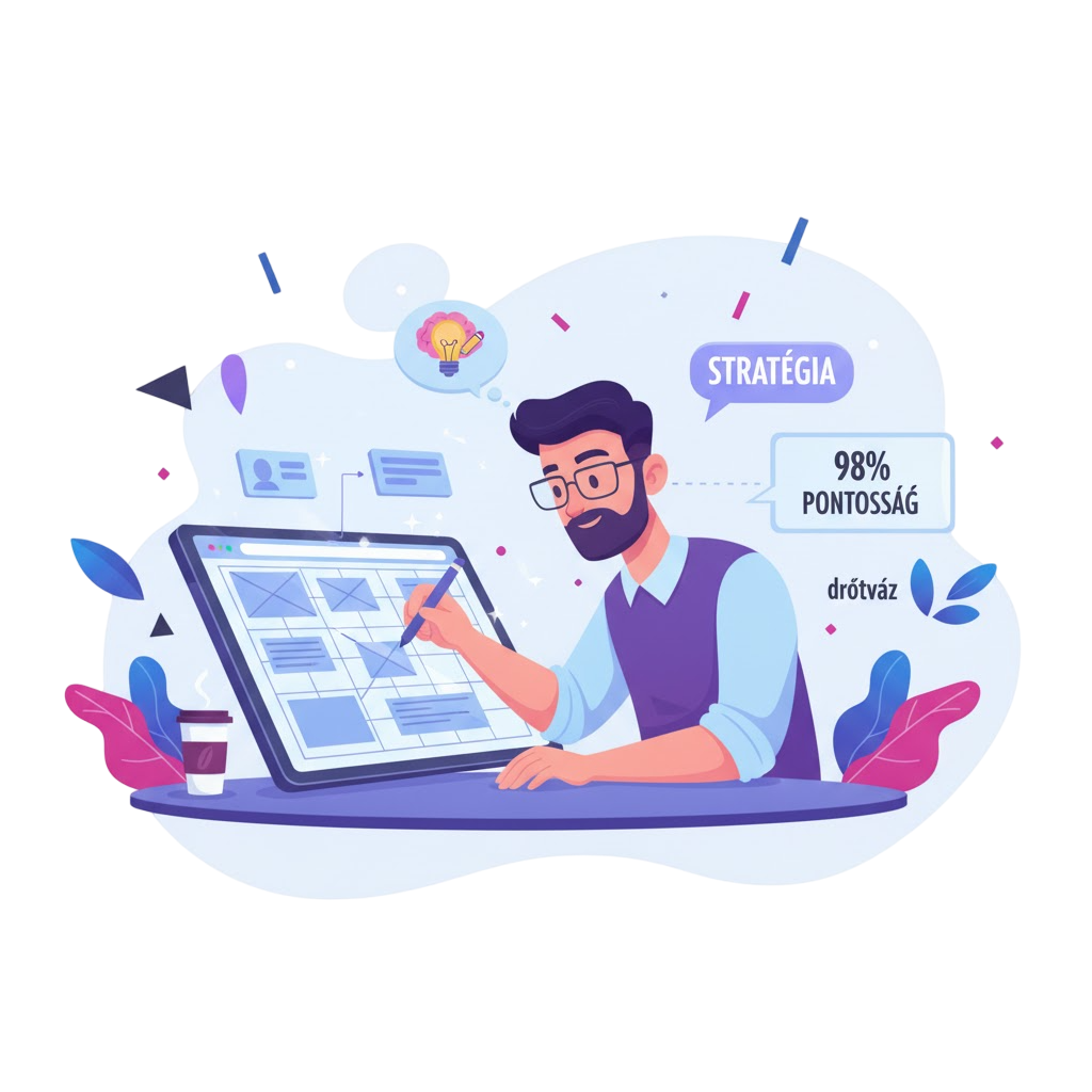 Tartalmat tervezünk és szöveget írunk, majd elkészítjük a weboldal drótvázát.